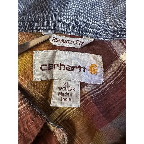 XL Carhartt Long Sleeve Snap Button Up Shirt Plaid Brown Western Work - Picture 7 of 9